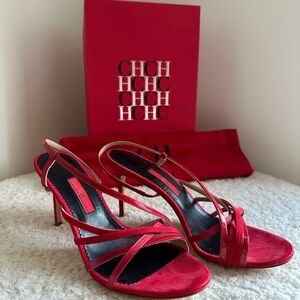 Carolina Herrera Vibrant Red suede Strappy Heels. Size 38. New